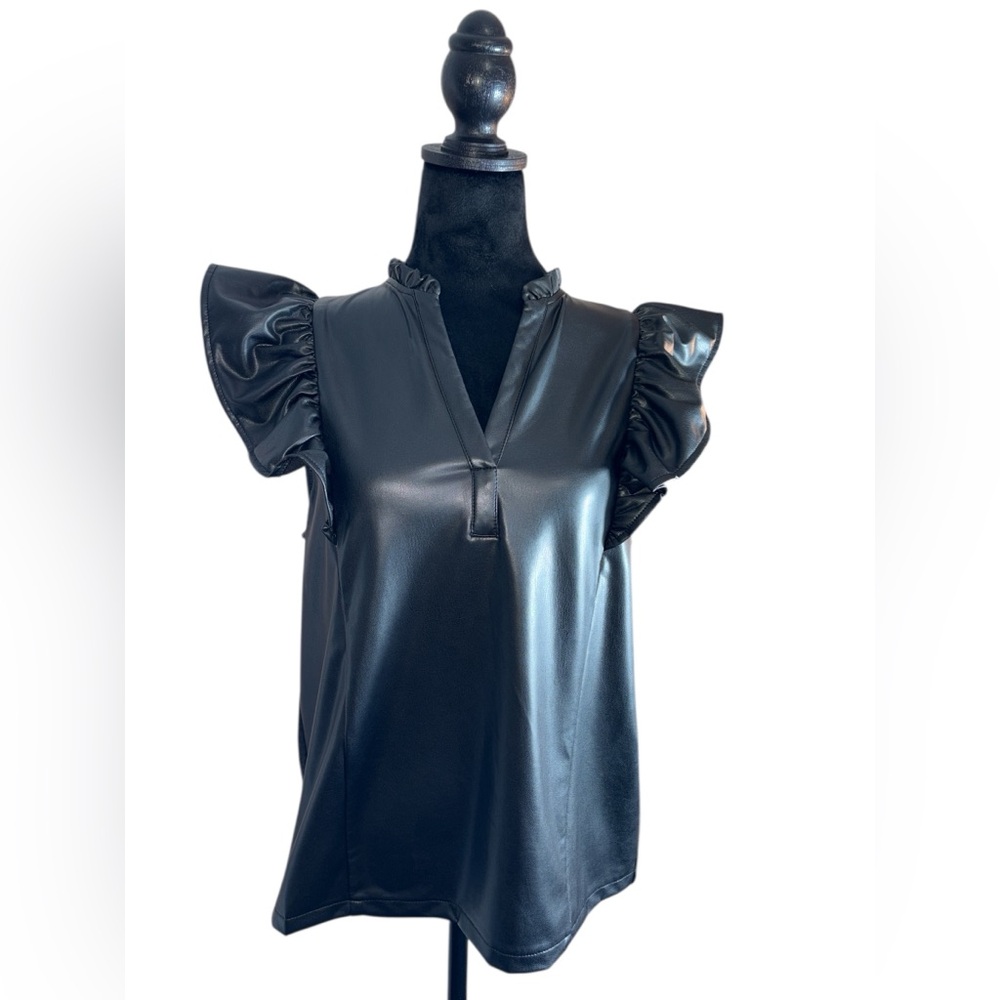 THML Black Faux Leather Flutter Ruffle Sleeve Blouse Size Medium